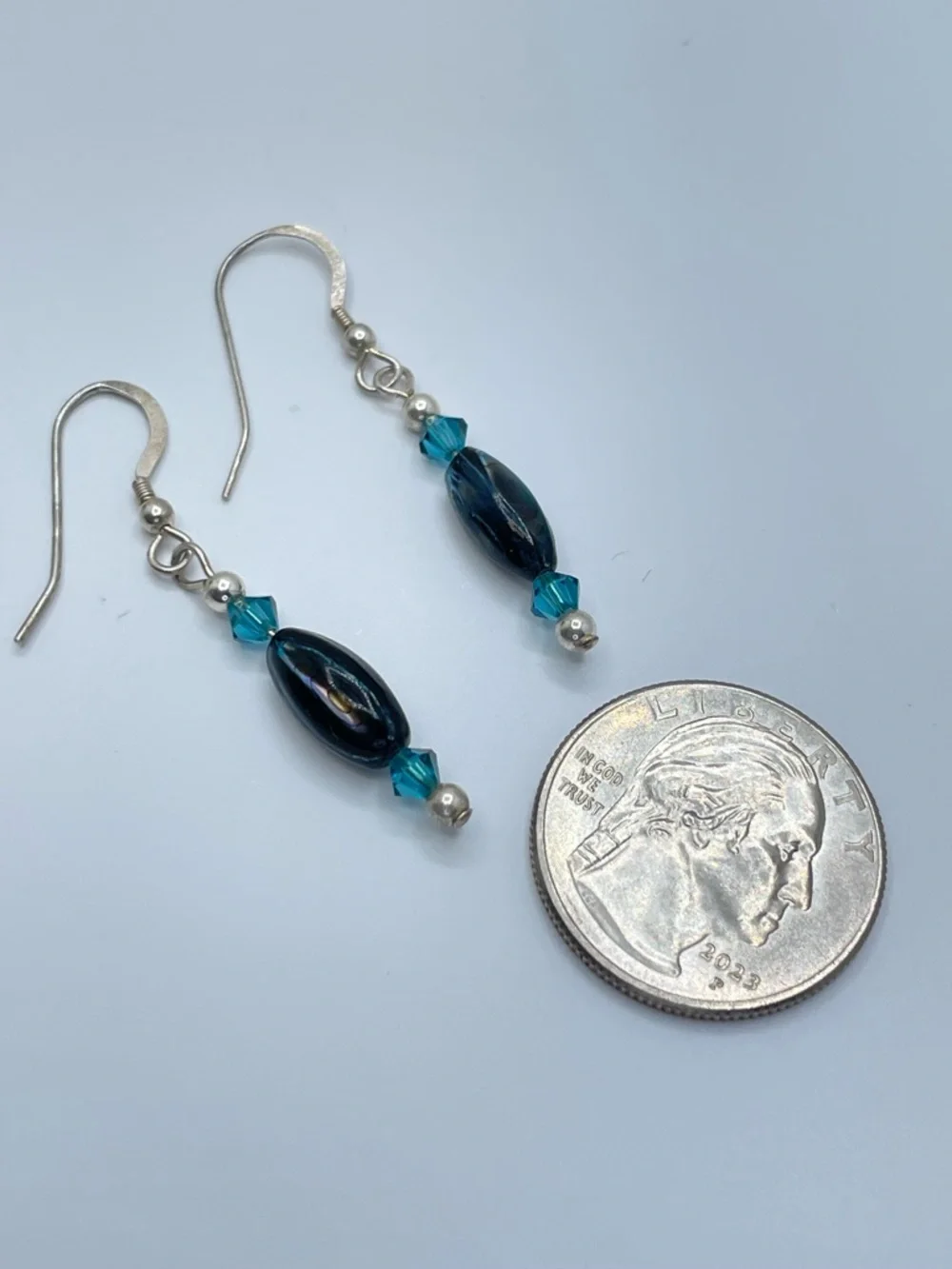 925 Sterling Silver Abalone Shell Teal Crystal Dangle Earrings Elegant